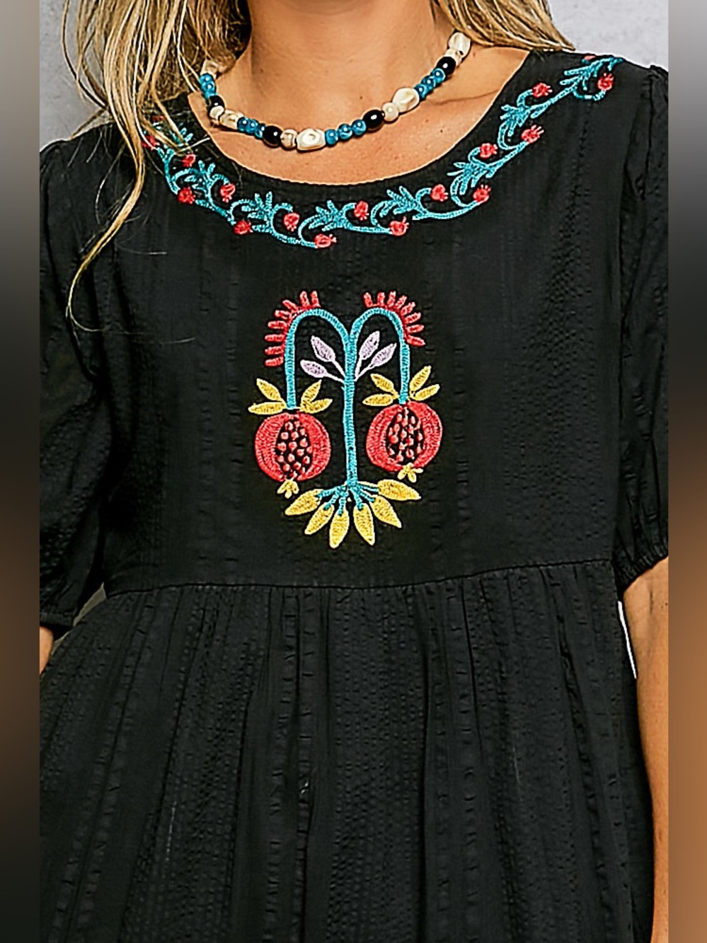 Puffed Sleeves Round Neck Embroidered
Cotton Long Dress - Picture 4 of 5